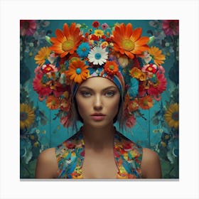 a woman in a colorful flower headdress, in the style of three-dimensional effects, pop-inspired imagery, uhd image, layered collages, barbie-core, futuristic pop, floral creative collage digital art by Paul Henderson, in the style of flower power, vibrant portraiture, UHD image, mike campau, multi-layered color fields, peter Mitchel, mandy disher flower collage art by, in the style of retro-futuristic cyberpunk,
441 Canvas Print