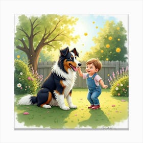 Happy Bearded Collie With A Child Playing In A Sunlit Garden, Watercolor 1 Canvas Print