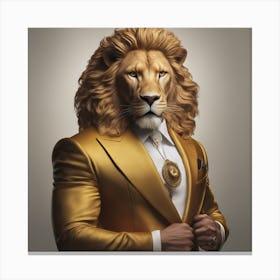 A Super Wealthy Hippie Muscular Lion Wearing A Beautiful Tailored Golden Suit, Heterochromia Iridum, Canvas Print