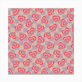 LOVE HEARTS CHECKERBOARD Tossed Retro Valentines in Red Pink Blue on Beige Lavender Purple Geometric Grid Canvas Print