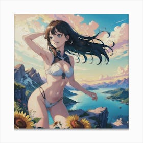 A Carefree Girl With A Radiant Smile Enjoys The View From The Mountaintop Canvas Print