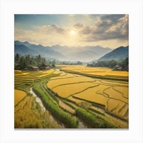 Golden Rice Field Scenery at Sunrise Canvas Print