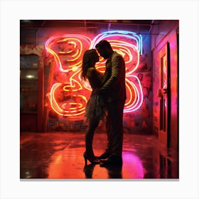 Couple Kissing In Front Of Neon Sign. Cosmic Commitment: Love and Marriage in Psychedelic Space Canvas Print