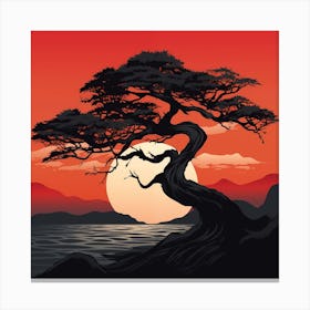 Japanese Style Tree Silhouette Over Moonlit Sea Canvas Print