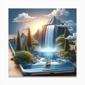 A smartphone whose screen displays a miniature view of a waterfall. 4 Canvas Print