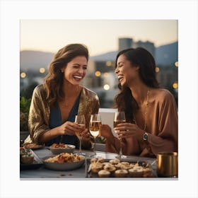 Two Women Laughing At A Dinner Party Canvas Print