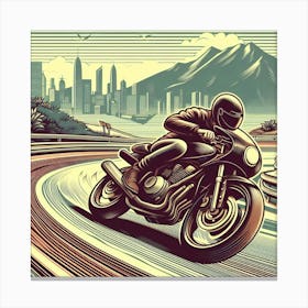 A Guy Riding A Motorcycle Fast Around A Curve Retro Art Stlye 3 Canvas Print