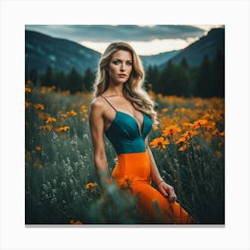 Beautiful Lady in Field Of Flowers Canvas Print