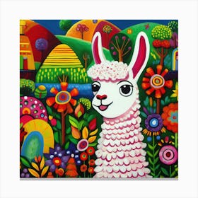 Colorful Llama Surrounded By Flowers Painting Canvas Print