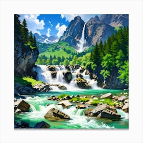 Waterfall In The Mountains Canvas Print