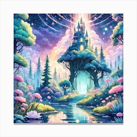 A Fantasy Forest With Twinkling Stars In Pastel Tone Square Composition 20 Canvas Print