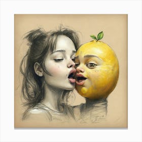 Girl Kissing A Lemon Canvas Print