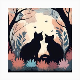 Silhouettes Of Cats In The Forest In The Day, Black, Coral And Light Beige Canvas Print