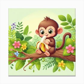 Cartoon Monkey On A Tree Branch Canvas Print