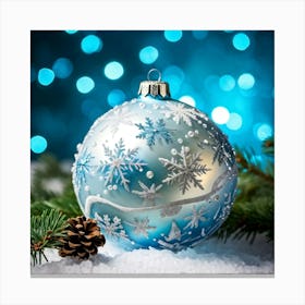 Closeup Of A Shiny White Bauble Adorned With Snowflakes Reflecting The Merry Lights Of A Festive Ch (4) Canvas Print