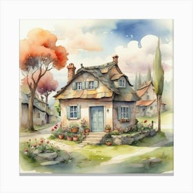 Little House In The Village Cartoon Watercolor Dra 3 Canvas Print