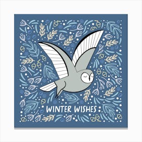 Christmas Owl Blue Square Illustrated Canvas Print