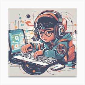 Boy With Headphones And A Laptop 1 Canvas Print