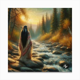 Oil Texture Native American Woman By Stream 4 Canvas Print