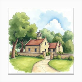 Watercolor Of The Chedworth Roman Villa In Gloucestershire, Featuring Its Ancient Architecture And Picturesque Setting Canvas Print