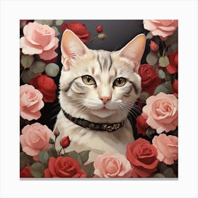 Beautiful Domestic Shorthair Cat with Roses Canvas Print