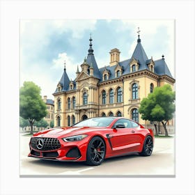 Stylish Car In Front Of A Beautiful Palace, Watercolor Painting 1 Canvas Print