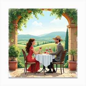 Romantic Watercolor Scene Of An Italian Couple Dining Al Fresco In Tuscany Canvas Print