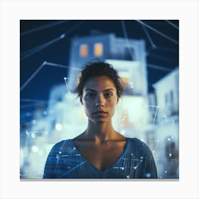 Woman In A City At Night in Mykonos  Canvas Print