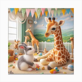 Bunnies And Giraffe Canvas Print