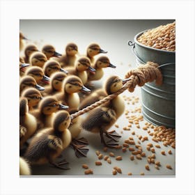 Cute ducklings trying to get all the grains Canvas Print
