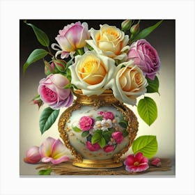 Antique fuchsia jar filled with purple roses, willow and camellia flowers 7 Canvas Print