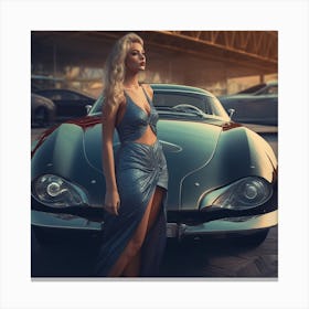 Beautiful Woman In A Dress Next To A Car Canvas Print