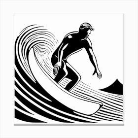 Surfer On A Wave Linocut Black And White Painting, in to the water, surfing Canvas Print