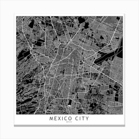Mexico City Black And White Map Square Canvas Print