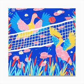 Two Colorful Cranes Playing Volleyball Square Canvas Print