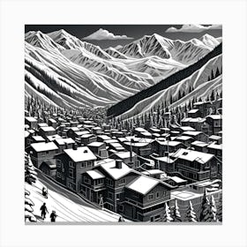 Ski Resort Monochrome Cubism Style Canvas Print