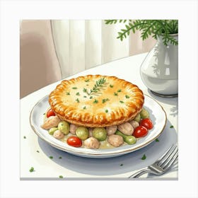 Watercolor Painting Of A Classic And Flavorful Chicken Pot Pie On A Modern Dining Table Canvas Print