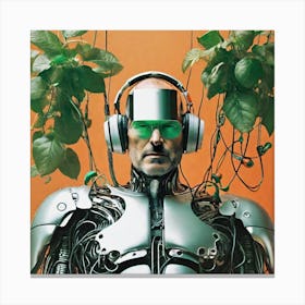 Robot With Headphones And Plants Canvas Print