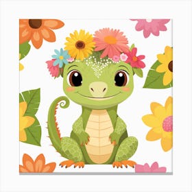 Floral Baby Iguana Nursery Illustration (26) Canvas Print