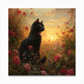 Black Cat in a Floral Sunset Garden 12 Canvas Print