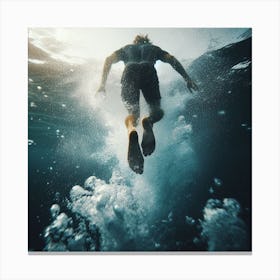 Surfer In The Water - Into the Water: A diver plunging into the ocean, with the water splashing all around them. The scene is captured from the diver's point of view, giving the viewer a sense of exhilaration and adventure. Canvas Print