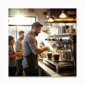 Barista Swiftly Spinning Pouring Water Into A Gleaming Espresso Machine Amidst Morning Rush In Bu (4) Canvas Print