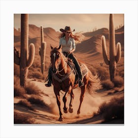 Cowgirl Riding Horse In Desert 2 Canvas Print