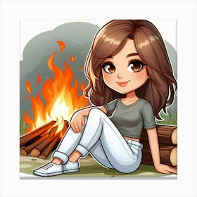 Girl Sitting By A Campfire Canvas Print