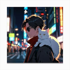 Anime, Cat, City, Night 1 Canvas Print