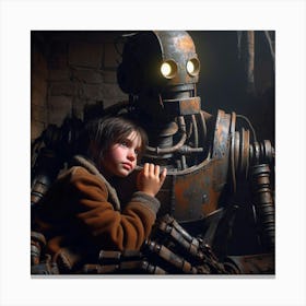 Young Girl With A Giant Robot Canvas Print