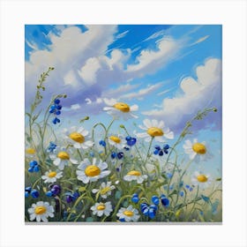 Beautiful Field Meadow Flowers Chamomile Blue Wild Peas In Morning Against Blue Sky With Clouds Nature Landscape Close Up Macro Wide Format Copy Space Delightful Pastoral Airy Artistic Image 3 Canvas Print