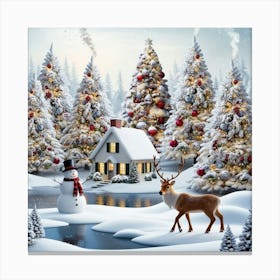 Christmas Scene With Deer Canvas Print