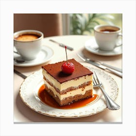 Watercolor Portrayal Of A Decadent And Creamy Tiramisu On A Cozy Dining Table Canvas Print