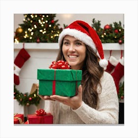 Happy Woman With Christmas Gift Canvas Print